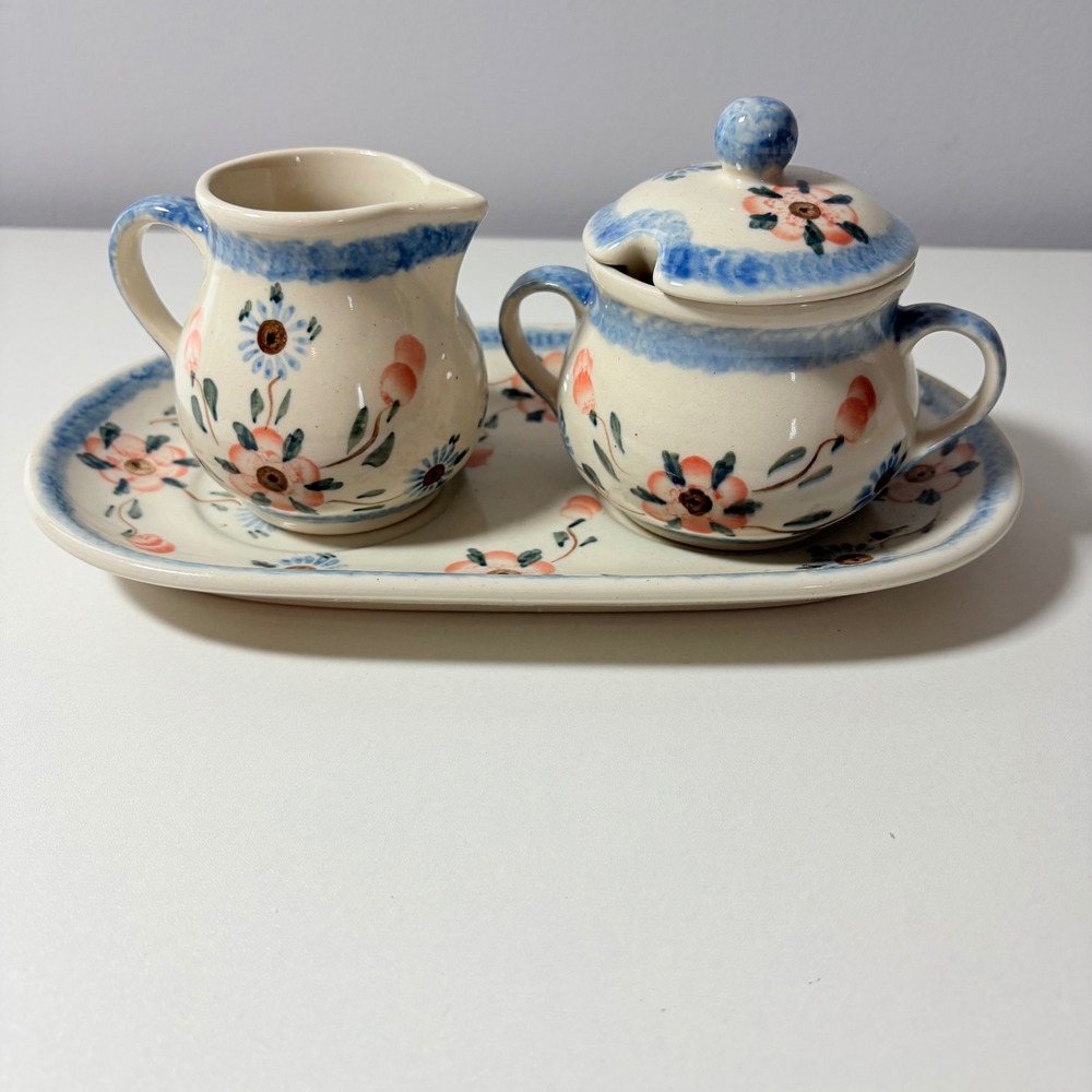 Boleslawiec Polish Pottery Creamer Sugar Set Tray Floral Ceramic Blue Pink